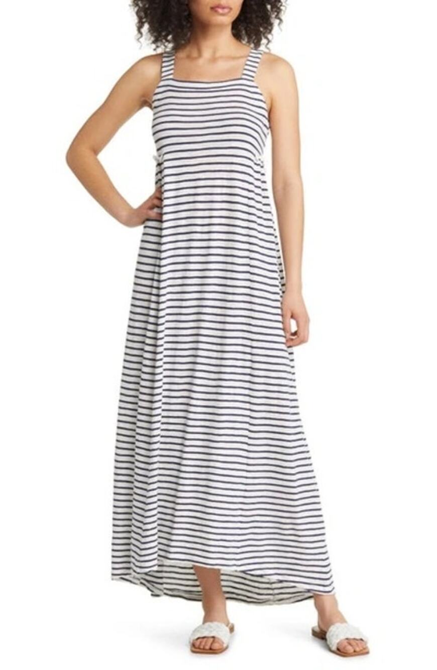 Caslon Navy Blue White Striped Maxi Dress Small Smocked Back Coastal Summer